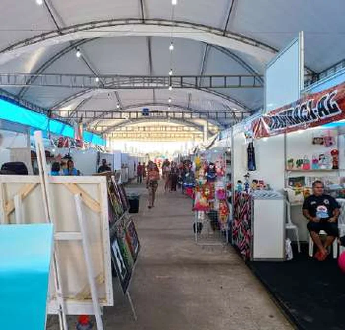 Pavilhão de uma feira de intercâmbio cultural, com estandes de artesanato